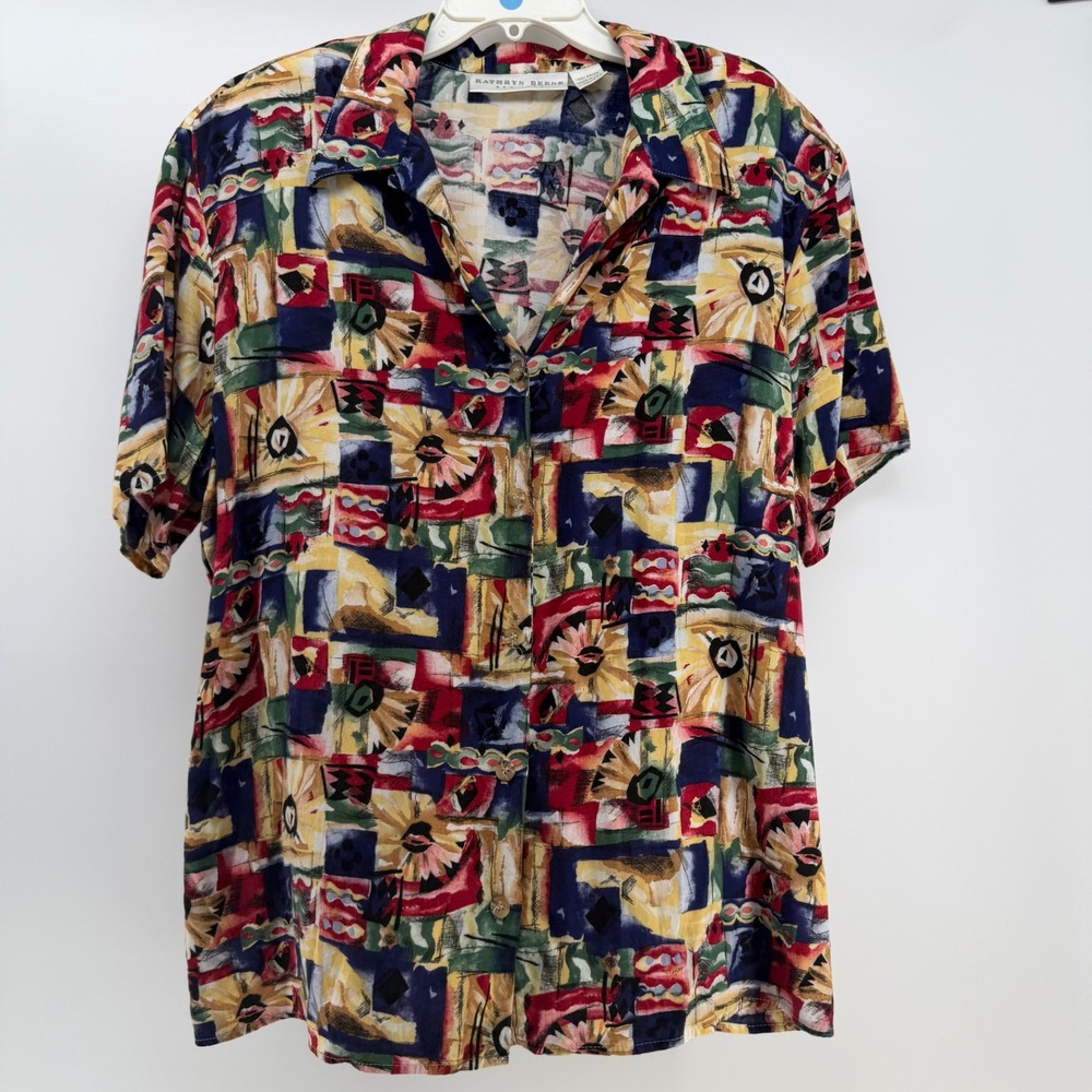 Kathryn Deene Blouse Women 22/24 Multicolor‎ Abstract Geometric Vintage 90s Art